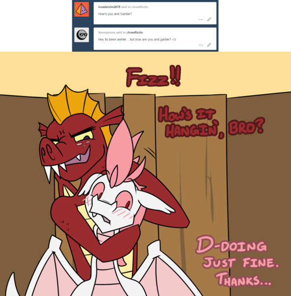 Size: 1280x1300 | Tagged: artist:dmann892, ask, ask closet fizzle, blushing, derpibooru import, dragon, fizzle, garbizzle, garble, gay, male, noogie, safe, shipping, teenaged dragon, tumblr
