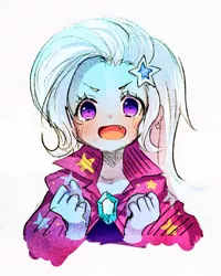 Size: 1024x1283 | Tagged: safe, artist:weiliy, derpibooru import, trixie, equestria girls, barrette, blushing, cape, clenched fist, clothes, cute, cute little fangs, daaaaaaaaaaaw, diatrixes, dress, ear piercing, earring, fangs, female, glasses, hairclip, hairpin, hnnng, jewelry, looking at you, missing accessory, moe, open mouth, piercing, simple background, solo, teary eyes, trixie's cape, weiliy is trying to murder us, white background