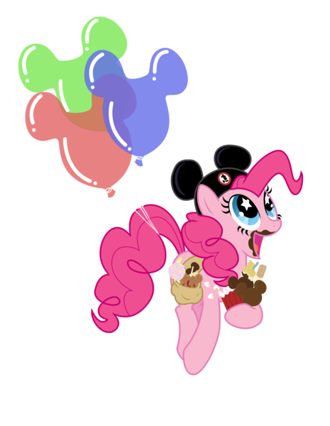 Size: 1600x2066 | Tagged: safe, artist:lostinthetrees, derpibooru import, pinkie pie, earth pony, pony, balloon, chocolate, crossover, disney, disneyland, female, food, hat, mare, messy, mickey balloon, mickey hat, pronking, solo, starry eyes, sugar rush, wingding eyes