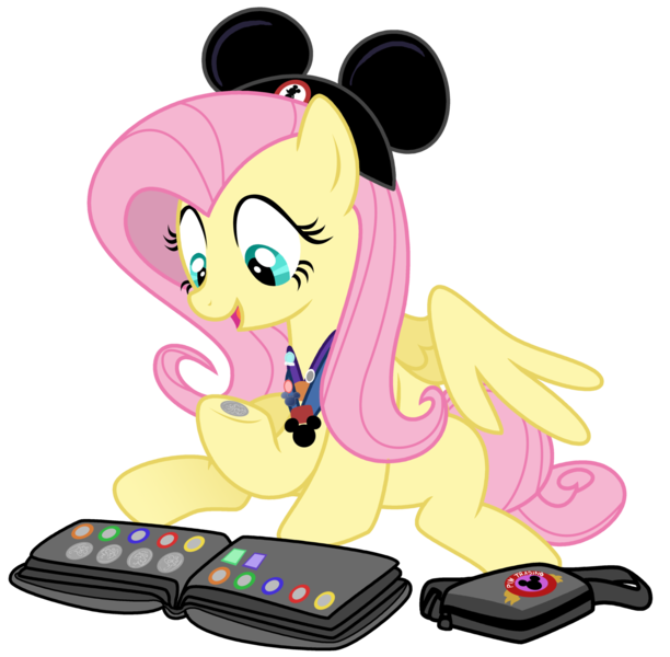 Size: 1600x1568 | Tagged: safe, artist:lostinthetrees, derpibooru import, fluttershy, pegasus, pony, collection, crossover, cute, disney, disneyland, hat, lanyard, mickey hat, mickey mouse, pins, shyabetes, solo