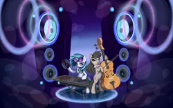 Size: 8000x5000 | Tagged: absurd resolution, artist:inowiseei, bipedal, bowtie, cello, derpibooru import, headphones, looking at you, musical instrument, octavia melody, record, safe, speakers, sunglasses, turntable, vinyl scratch, wallpaper