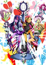 Size: 2813x3978 | Tagged: suggestive, artist:0ryomamikado0, artist:doublewbrothers, derpibooru import, applejack, fluttershy, pinkie pie, rainbow dash, rarity, sunset shimmer, twilight sparkle, equestria girls, blushing, boots, bottomless, clothes, compression shorts, cover, covering, denim skirt, embarrassed, legs, magic mirror, mane six, no panties, shoes, shorts, skirt, skirt lift, skirt pull, socks, strategically covered, tanktop, upskirt