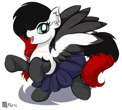 Size: 2475x2236 | Tagged: safe, artist:mirry92, derpibooru import, oc, unofficial characters only, pegasus, pony, 2016, clothes, digital art, feather, goth, happy, piercing, pleated skirt, punk, ska, skirt, smiling, socks, solo, stockings