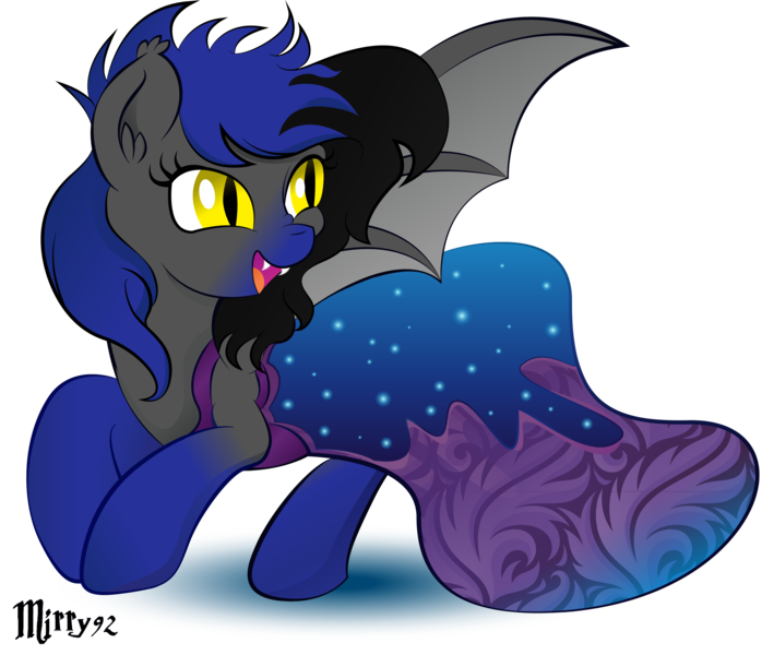 Size: 2825x2427 | Tagged: safe, artist:mirry92, derpibooru import, oc, unofficial characters only, bat pony, pony, 2016, clothes, digital art, dress, fangs, gala, gala dress, happy, silent, smiling, solo, wings