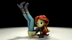 Size: 1920x1080 | Tagged: safe, artist:blumppidy, derpibooru import, sunset shimmer, equestria girls, 3d, boots, clipping, clothes, jacket, leg focus, legs in air, light, looking at you, lying down, on back, pinup, shadow, short skirt, skirt, solo, source filmmaker, stockings, sultry pose