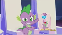 Size: 640x360 | Tagged: crystal heart, derpibooru import, discovery family logo, dreamworks face, edit, edited screencap, exploitable meme, forced meme, meme, poster, safe, screencap, shameless self-promoter, spike, spike holding a paper, the crystalling