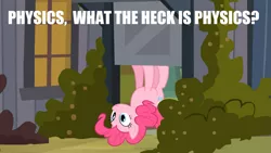 Size: 1245x700 | Tagged: a friend in deed, caption, derpibooru import, door, edit, edited screencap, gravity, image macro, in which pinkie pie forgets how to gravity, meme, pinkie being pinkie, pinkie physics, pinkie pie, question, safe, screencap, solo