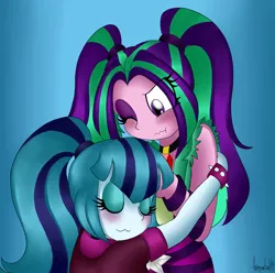 Size: 2016x2000 | Tagged: safe, artist:queentigrel, derpibooru import, aria blaze, sonata dusk, equestria girls, rainbow rocks, arisona, blushing, female, flirting, high res, hug, lesbian, shipping, tsundere