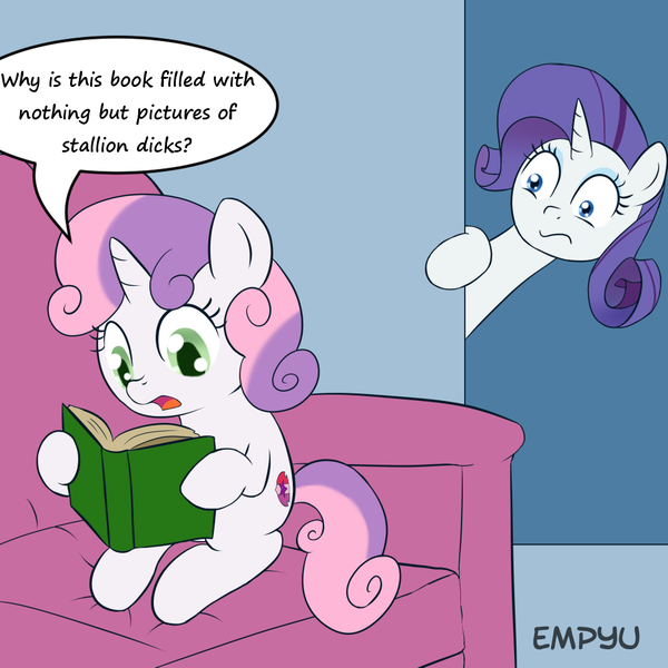 Size: 1000x1000 | Tagged: suggestive, artist:empyu, derpibooru import, edit, rarity, sweetie belle, pony, unicorn, book, cutie mark, dialogue, exploitable meme, female, filly, mare, meme, reading, sweetie belle's book, the cmc's cutie marks, wide eyes