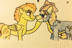 Size: 1024x685 | Tagged: artist:pimpartist101, braeburn, derpibooru import, female, lined paper, male, safe, shipping, spitburn, spitfire, straight, traditional art