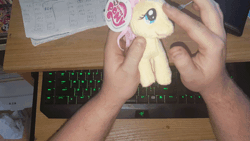 Size: 480x270 | Tagged: adoracreepy, animated, brony, creepy, cute, derpibooru import, fluttershy, funrise, human, irl, irl human, pet, photo, plushie, pony stroking, razer, safe, source needed, stroking, that guy, toy, useless source url, video at source