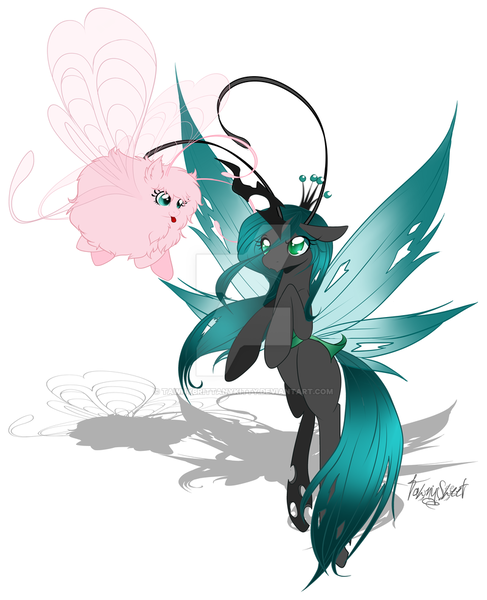 Size: 800x986 | Tagged: safe, artist:tawnybrittanykitty, derpibooru import, queen chrysalis, oc, oc:fluffle puff, breezie, changeling, changeling queen, pony, breeziefied, cute, cutealis, deviantart watermark, diabreezies, duo, duo female, female, flufflebetes, obtrusive watermark, signature, simple background, species swap, watermark, white background