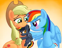 Size: 1089x843 | Tagged: safe, artist:royalrainbow51, derpibooru import, applejack, rainbow dash, oc, oc:sparks, bat pony, pony, adopted offspring, colt, cute, foal, hug, male, mama applejack, mama dash, motherly, offspring, parent:applejack, parent:rainbow dash, parents:appledash, scrunchy face