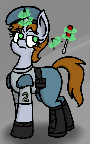 Size: 544x873 | Tagged: safe, artist:coatieyay, derpibooru import, oc, oc:littlepip, unofficial characters only, pony, unicorn, fallout equestria, fanfic, abstract background, beret, bobby pin, fanfic art, female, glowing horn, hooves, horn, jill valentine, levitation, magic, mare, resident evil, screwdriver, solo, telekinesis