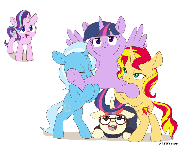 Size: 1419x1128 | Tagged: suggestive, artist:sion, derpibooru import, moondancer, starlight glimmer, sunset shimmer, trixie, twilight sparkle, twilight sparkle (alicorn), alicorn, pony, unicorn, counterparts, gangnam style, magical quintet, pony pyramid, simple background, twilight sparkle gets all the mares, twilight's counterparts, twilight's harem, twixstarsetdancer, white background