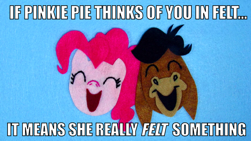 Size: 1280x720 | Tagged: a friend in deed, crankybetes, cranky doodle donkey, cute, derpibooru import, diapinkes, donkey, duo, duo male and female, edit, edited screencap, eyes closed, felt, happy, image macro, meme, pinkie pie, pun, safe, screencap, smiling