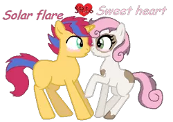 Size: 465x328 | Tagged: safe, artist:superrosey16, derpibooru import, oc, oc:solar flare, oc:sweet heart, unofficial characters only, earth pony, pony, unicorn, female, male, next generation, oc x oc, offspring, offspring shipping, parent:flash sentry, parent:sunset shimmer, parents:flashimmer, parents:sweetiesqueak, shipping, straight