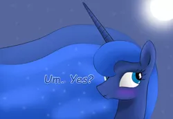 Size: 2042x1408 | Tagged: artist:twiren, blushing, bust, cute, derpibooru import, moon, night, portrait, princess luna, safe, scrunchy face, solo, text