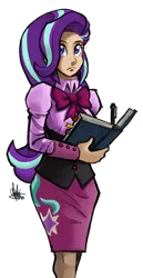 Size: 386x750 | Tagged: artist:theartrix, book, clothes, derpibooru import, human, humanized, pen, safe, simple background, skirt, solo, starlight glimmer, the crystalling, transparent background