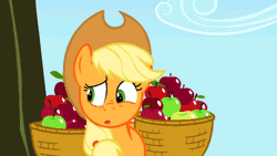 Size: 422x238 | Tagged: safe, derpibooru import, edit, edited screencap, screencap, applejack, twilight sparkle, applebuck season, animated, concerned, derp, dialogue, faint, lecture, nose wrinkle, on back, passed out, passing out, sweet apple acres, talking, tired, tongue out