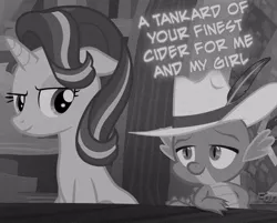 Size: 600x483 | Tagged: alcohol, bedroom eyes, black and white, cider, derpibooru import, edit, edited screencap, female, flirting, food, grayscale, hat, male, noir, pimp, pimp hat, safe, screencap, shipping, sparlight, spike, starlight glimmer, straight, the crystalling
