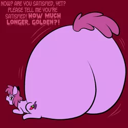 Size: 2400x2400 | Tagged: artist:goldenmercurydragon, artist:pembroke, berry punch, berry punch replies, berryshine, butt expansion, crying, derpibooru import, fat, growth, huge butt, impossibly large butt, large butt, looking back, open mouth, prone, safe, solo, the ass was fat