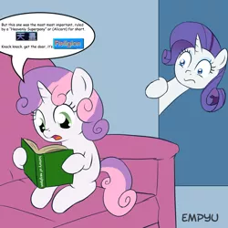 Size: 1000x1000 | Tagged: safe, artist:empyu, derpibooru import, edit, rarity, sweetie belle, pony, unicorn, 30 minute art challenge, bill wurtz, book, couch, exploitable meme, frown, history of japan, hoof hold, japan, meme, neighpon, reading, sitting, sweetie belle's book, wide eyes