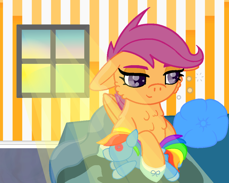 Size: 1000x800 | Tagged: artist:ahaintthatbad, bed, derpibooru import, floppy ears, plushie, rainbow dash, safe, scootaloo, solo