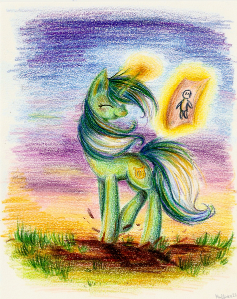 Size: 1155x1459 | Tagged: safe, artist:mufflinka, derpibooru import, lyra heartstrings, human, pony, unicorn, book, eyes closed, humie, magic, smiling, solo, telekinesis, traditional art