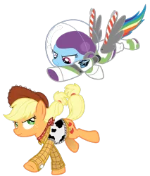 Size: 1600x1875 | Tagged: applejack, artist:lostinthetrees, buzz lightyear, clothes, cosplay, costume, crossover, derpibooru import, disney, rainbow dash, safe, toy story, woody