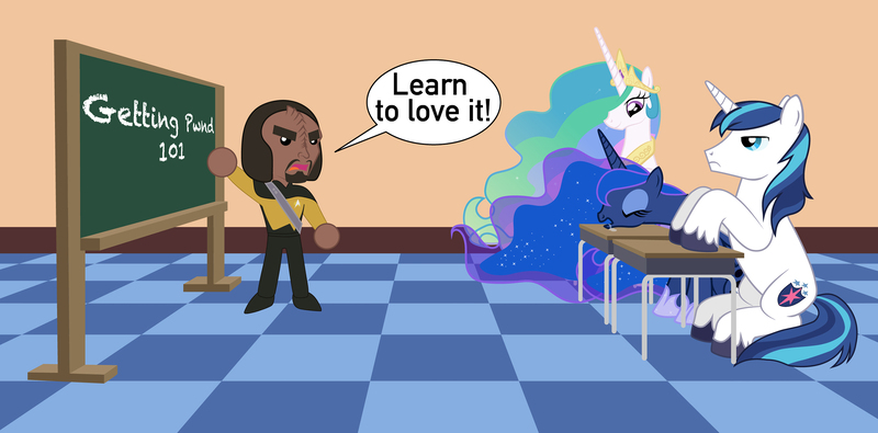 Size: 2500x1234 | Tagged: safe, artist:mlp-silver-quill, derpibooru import, princess celestia, princess luna, shining armor, alicorn, pony, unicorn, chalkboard, classroom, crossover, desk, dialogue, female, frown, klingon, male, mare, sitting, speech bubble, stallion, star trek, star trek: the next generation, the worf effect, unamused, worf