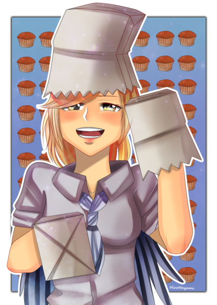 Size: 821x1153 | Tagged: artist:hirohayami, derpibooru import, derpy hooves, food, human, humanized, muffin, paper bag, paper bag wizard, safe, solo, winged humanization