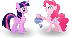 Size: 4088x2194 | Tagged: safe, artist:kehrminator, derpibooru import, pinkie pie, twilight sparkle, twilight sparkle (alicorn), alicorn, pony, female, mare, simple background, transparent background, vector, watering can