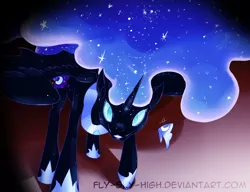 Size: 1280x985 | Tagged: artist:fly-sky-high, derpibooru import, grin, looking at you, nightmare moon, safe, solo, spread wings