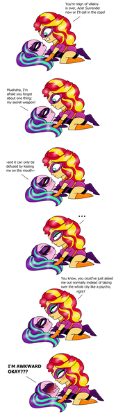 Size: 1256x4512 | Tagged: safe, artist:purfectprincessgirl, derpibooru import, aria blaze, sunset shimmer, equestria girls, clothes, comic, costume, female, kabedon, lesbian, mask, on back, pinned, shipping, sunblaze