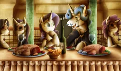 Size: 1250x735 | Tagged: semi-grimdark, artist:jamescorck, derpibooru import, fancypants, fleur-de-lis, masquerade, rarity, trenderhoof, pony, unicorn, fallout equestria, alcohol, bread, cannibalism, cooked, cooking vore, dead, fallout, fallout: new vegas, food, horse meat, meat, ponies eating meat, pony as food, white glove society, wine