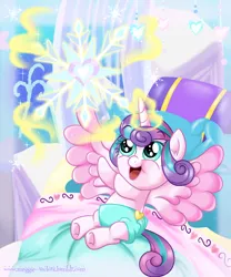 Size: 5000x6000 | Tagged: safe, artist:meganlovesangrybirds, derpibooru import, princess flurry heart, pony, the crystalling, absurd resolution, adorable face, baby, baby blanket, baby flurry heart, baby pony, blanket, cloth diaper, crib, crib blanket, crystal heart, cute, cute baby, dawwww, diaper, diapered, diapered filly, embroidered blanket, embroidery, female, filly, flurrybetes, happy, happy baby, image, infant, infant flurry heart, jpeg, light pink cloth diaper, light pink diaper, looking at something, magic, newborn, newborn baby, newborn baby flurry heart, newborn filly, newborn flurry heart, newborn infant, newborn infant flurry heart, open mouth, pillow, reaching up, safety pin, scene interpretation, signature, snow, snowflake, solo, telekinesis, weapons-grade cute