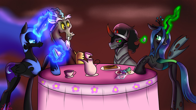 Size: 2560x1440 | Tagged: artist:okusheny, cake, candy heart, churros, derpibooru import, discord, food, king sombra, magic, nightmare moon, oc, oc:fluffle puff, queen chrysalis, safe, spanish, table, tea, telekinesis