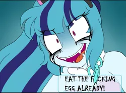 Size: 999x740 | Tagged: semi-grimdark, artist:queentigrel, derpibooru import, sonata dusk, equestria girls, bunny suit, clothes, cropped, psychonata dusk, solo, vulgar, you have to eat all the eggs