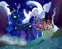 Size: 4200x3316 | Tagged: artist:hfinder, canterlot, cloud, dead source, derpibooru import, dream walker luna, macro, magic, moon, night, princess luna, safe, solo, stars