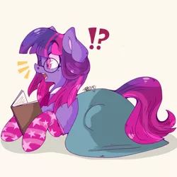 Size: 4096x4096 | Tagged: absurd resolution, artist:doodlehorse, book, clothes, derpibooru import, glasses, prone, safe, sockis, socks, solo, striped socks, twilight sparkle