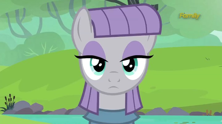 Size: 719x403 | Tagged: safe, derpibooru import, screencap, maud pie, earth pony, pony, the gift of the maud pie, bust, emotionless, expressionless face, eyeshadow, female, frown, lidded eyes, looking at you, makeup, mare, maud being maud, maud pie may or may not be amused, pond, solo