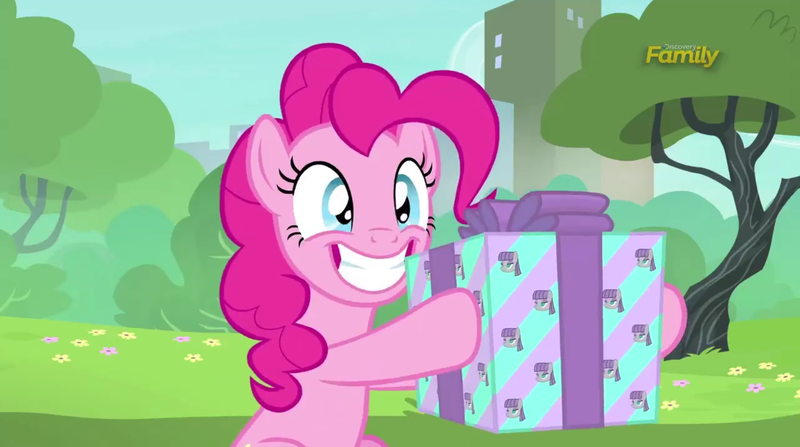 Size: 2557x1429 | Tagged: safe, derpibooru import, screencap, maud pie, pinkie pie, the gift of the maud pie, present, smiling, solo