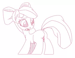 Size: 1280x1000 | Tagged: apple bloom, artist:hoverrover, derpibooru import, lineart, looking at cutie mark, monochrome, plot, safe, simple background, solo, standing, white background