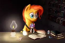 Size: 1200x800 | Tagged: artist:patty-plmh, babysitting, book, cute, derpibooru import, flurrybetes, lamp, princess flurry heart, safe, sleeping, sunbetes, sunburst, the crystalling, uncle sunburst