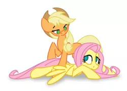 Size: 700x500 | Tagged: applejack, appleshy, artist:hoverrover, bedroom eyes, derpibooru import, eye contact, female, fluttershy, lesbian, looking at each other, prone, raised hoof, safe, shipping, simple background, smiling, spread wings, white background