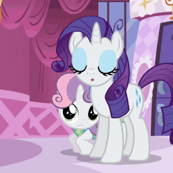 Size: 493x493 | Tagged: safe, derpibooru import, screencap, rarity, sweetie belle, pony, unicorn, make new friends but keep discord, animated, blinking, carousel boutique, clothes, cute, diasweetes, dress, eyes closed, eyeshadow, female, filly, floppy ears, flower, flower in hair, foal, grin, hiding, looking at each other, makeup, mare, open mouth, raised hoof, raribetes, siblings, sisterly love, sisters, smiling, talking