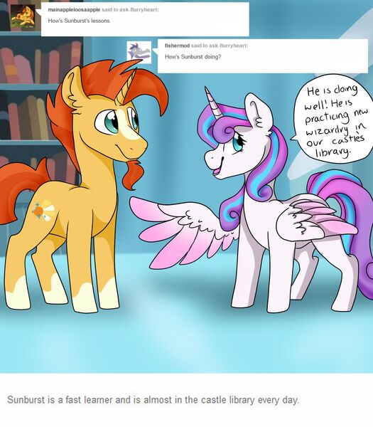 Size: 1280x1464 | Tagged: artist needed, ask, ask flurry heart, book, bookshelf, crystal castle, derpibooru import, lesson, library, princess flurry heart, safe, speech bubble, student, sunburst, sunburst teaches flurry, teacher, tumblr, wizard, wizardry