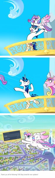 Size: 1280x4091 | Tagged: artist needed, ask, ask flurry heart, balcony, cloud, crystal castle, crystal empire, daughter, derp, derpibooru import, epic daughter tossing, fastball special, flying, follower count, followers, older, princess cadance, princess flurry heart, "responsible father" armor, safe, scenery, shining armor, sky, toss, tumblr