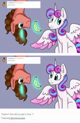 Size: 1280x1980 | Tagged: artist needed, safe, derpibooru import, princess flurry heart, oc, oc:banana pie, pony, unicorn, ask flurry heart, ask, banana, food, magic, male, stallion, tumblr, tumblr blog